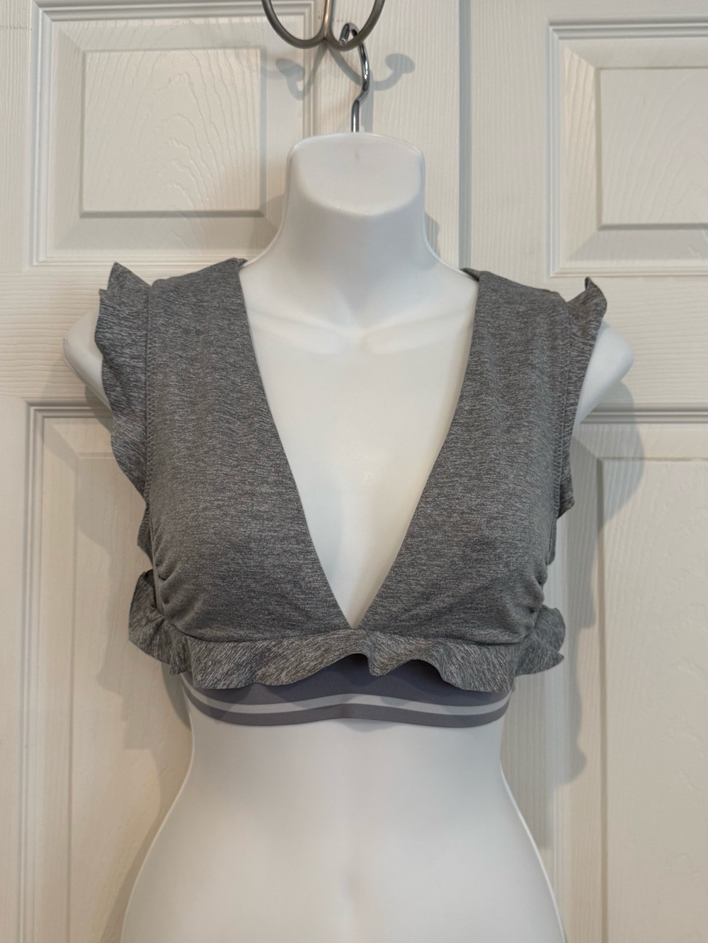 FP Movement by Free People Heather Gray Ruffle Deep V Crop Top